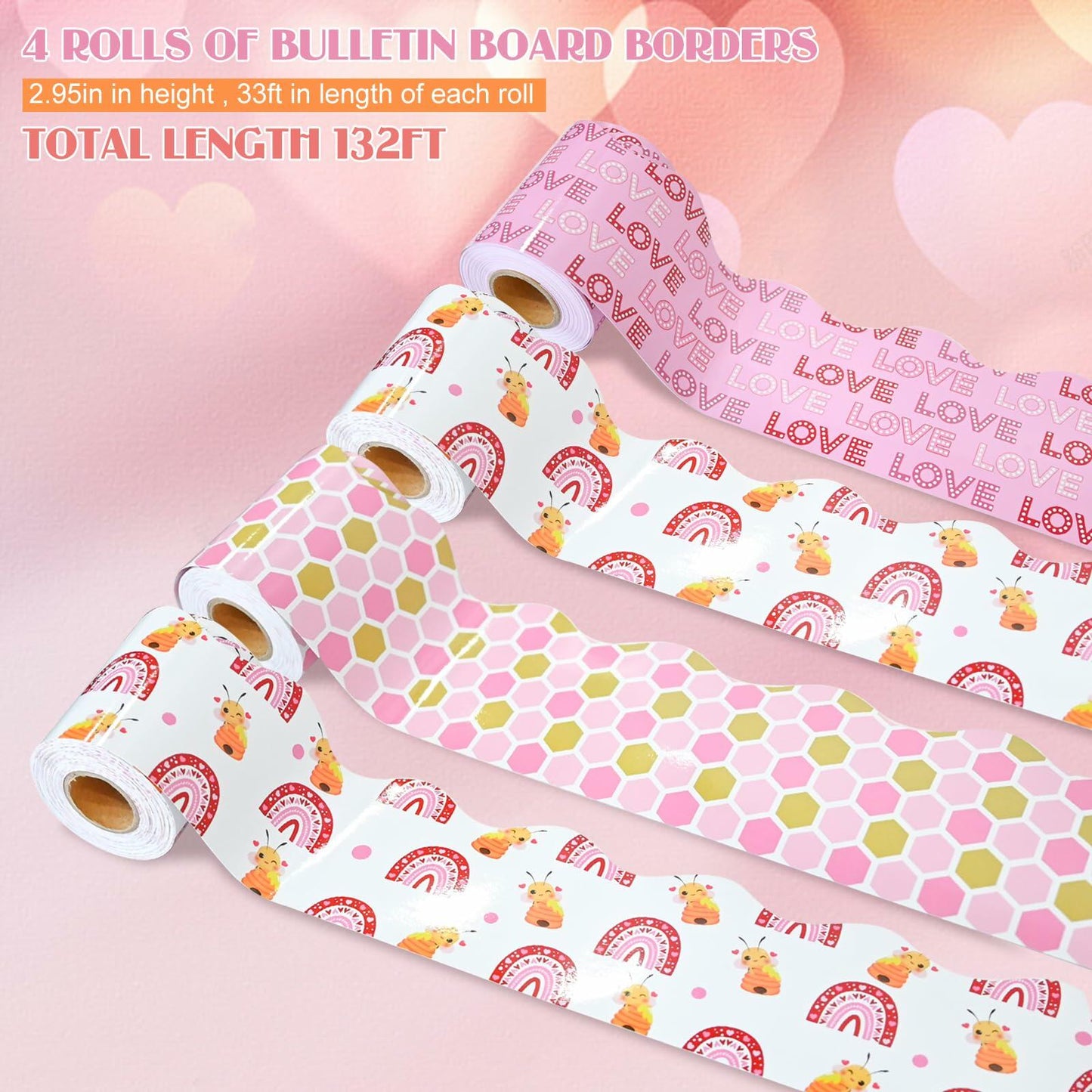 4 Rolls Valentine’s Day Bulletin Board Borders 131Ft Pink Bee Mine Trim