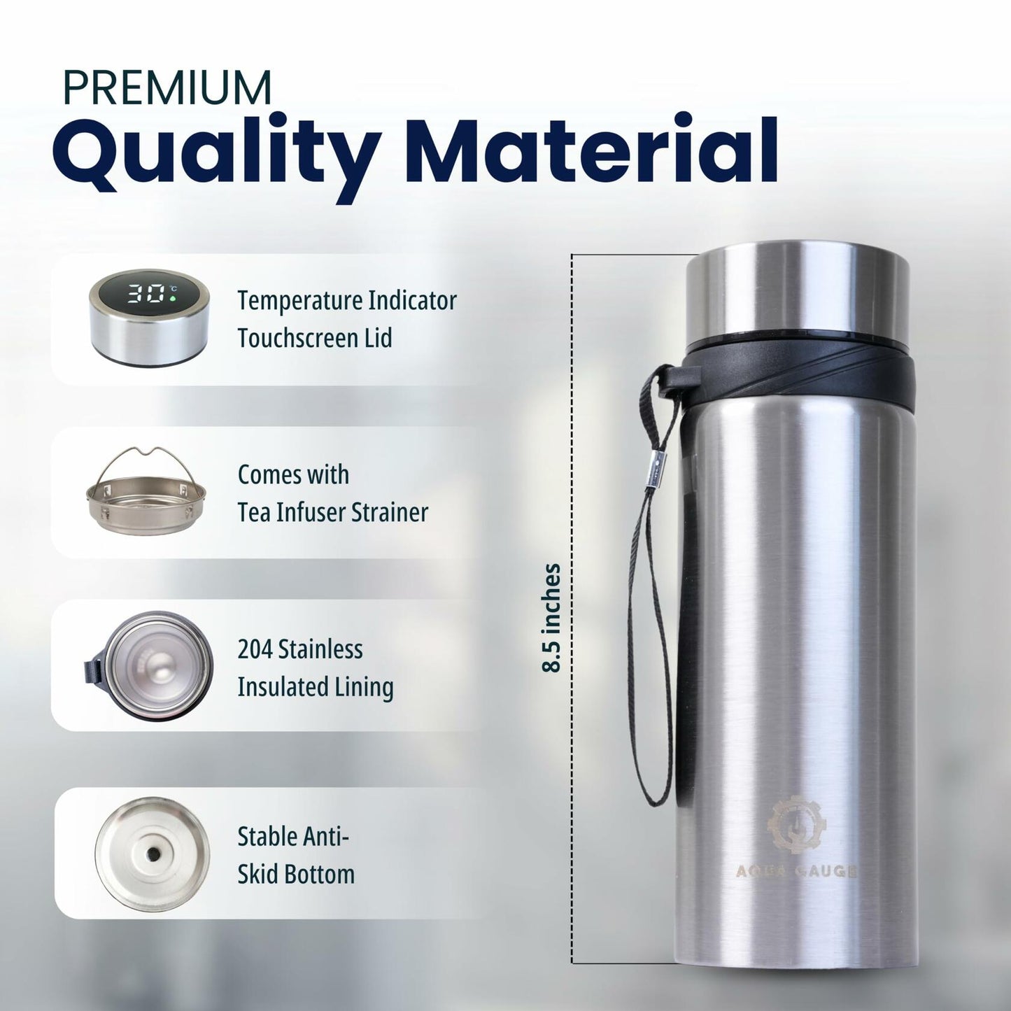 Aqua Gauge Stainless Steel Thermal Bottle 600mL Digital Temp Display Silver