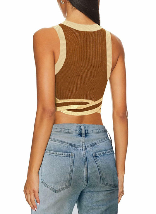 MIHOLL Women's Sleeveless Contrast Crop Top Cami Shirt Coffee Size L