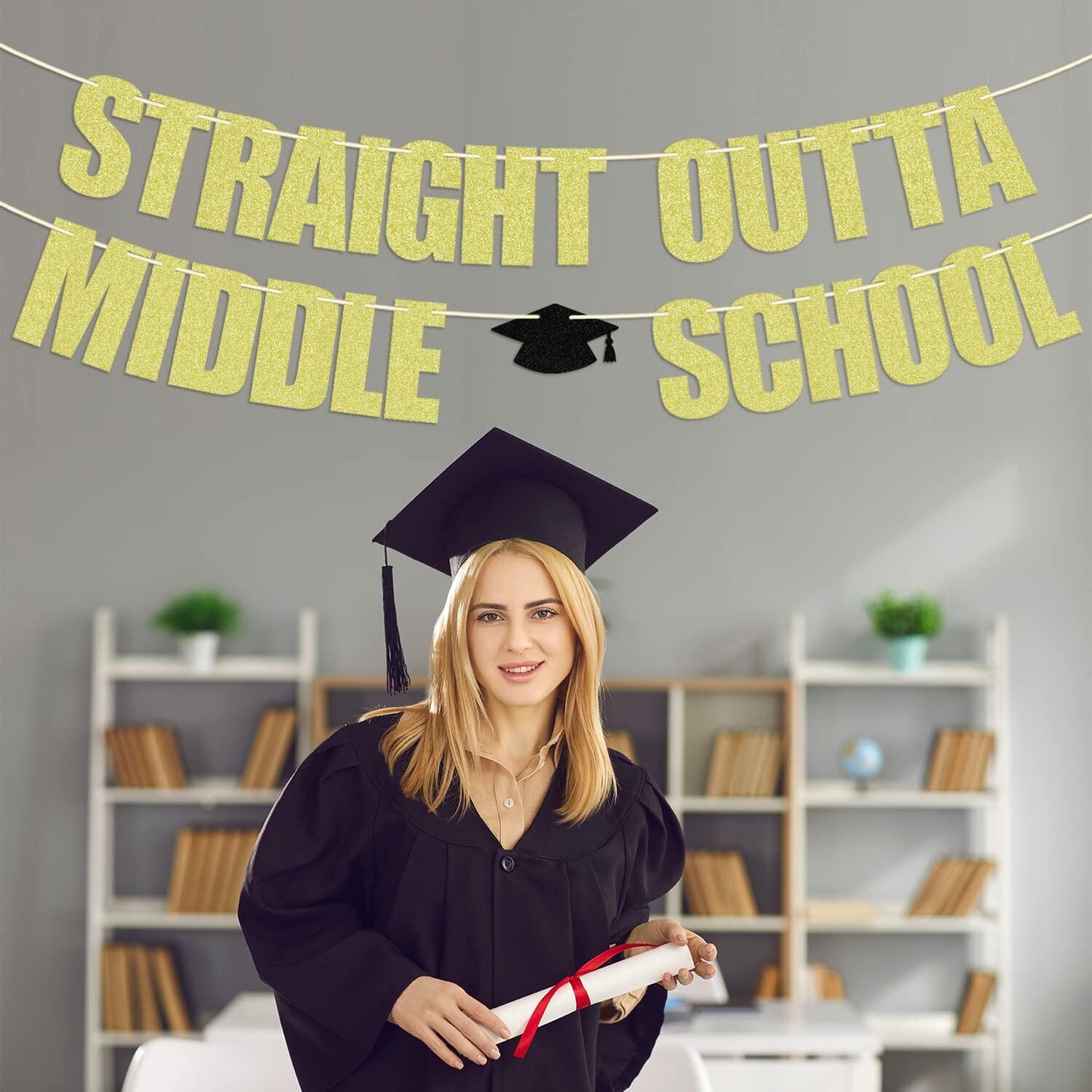 Straight Outta Middle School Banner Glittery Congrats Grad Gold Black