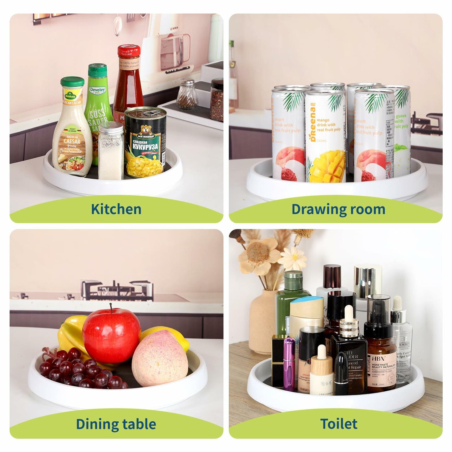 AngieQH 4-Pack 10" Anti Slip Lazy Susan Organizer Set White Plastic