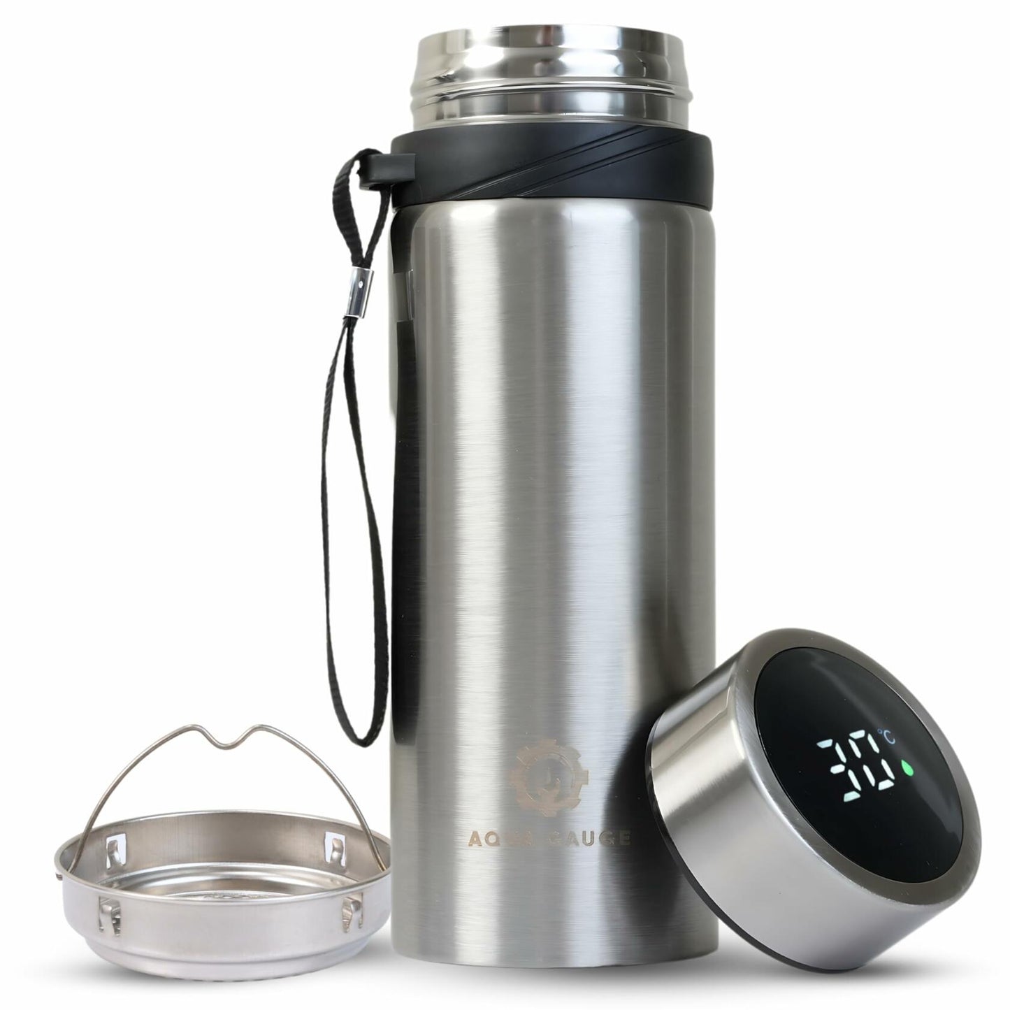 Aqua Gauge Stainless Steel Thermal Bottle 600mL Digital Temp Display Silver