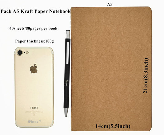 Ailifly 5 Pack Kraft Paper Brown Soft Cover Notebooks Journals A5 5.5x8.3in