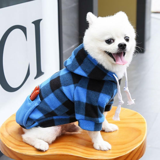Plaid Dog Hoodie with Zipper Pocket Fleece Winter Clothes Blue Size 4XL