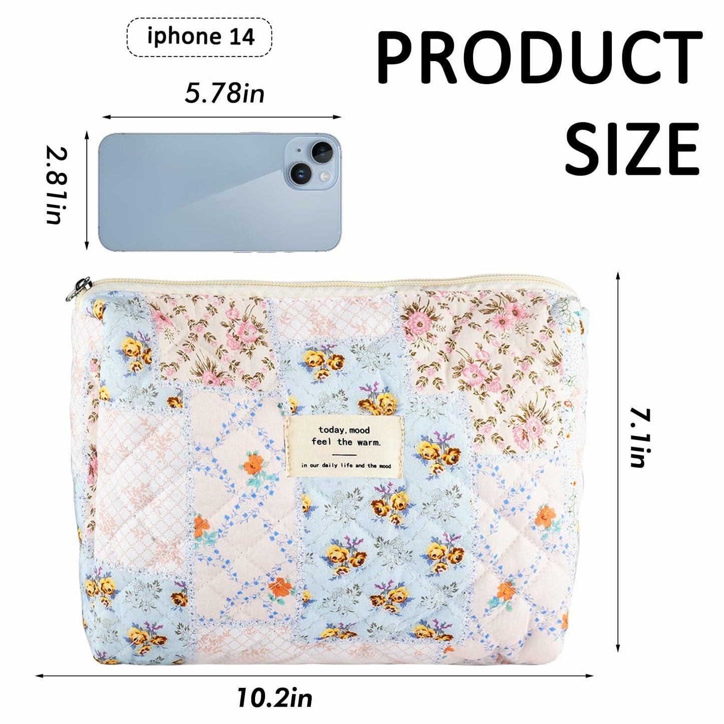 URSKYTOUS Cotton Quilted Large Floral Makeup Bag Flower Portable