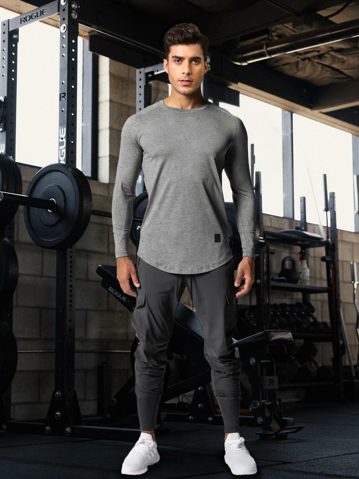 Comdecevis Muscle Big Tall T Shirt Men Gym Workout Long Sleeve Light Grey 3XL