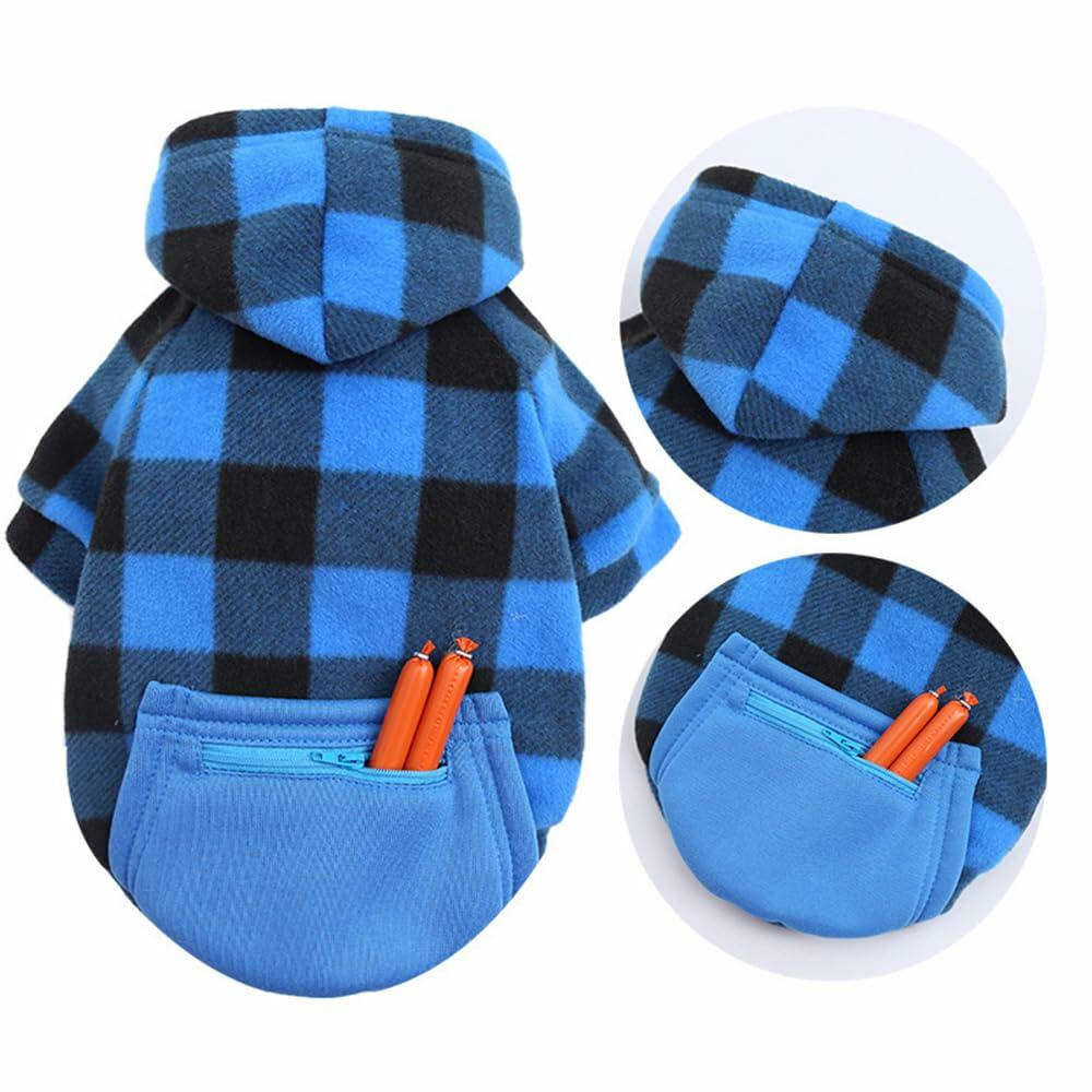 Plaid Dog Hoodie with Zipper Pocket Fleece Winter Clothes Blue Size 4XL