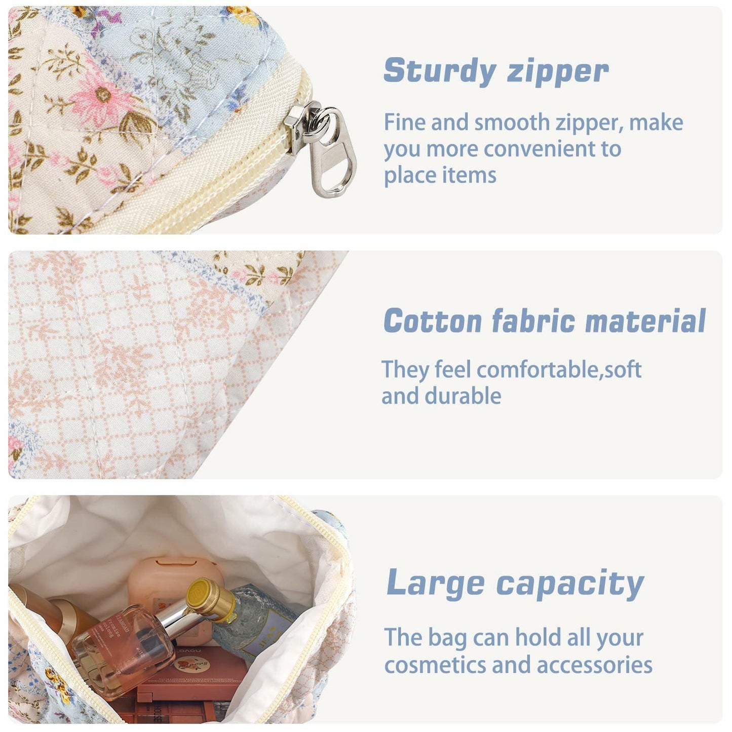 URSKYTOUS Cotton Quilted Large Floral Makeup Bag Flower Portable