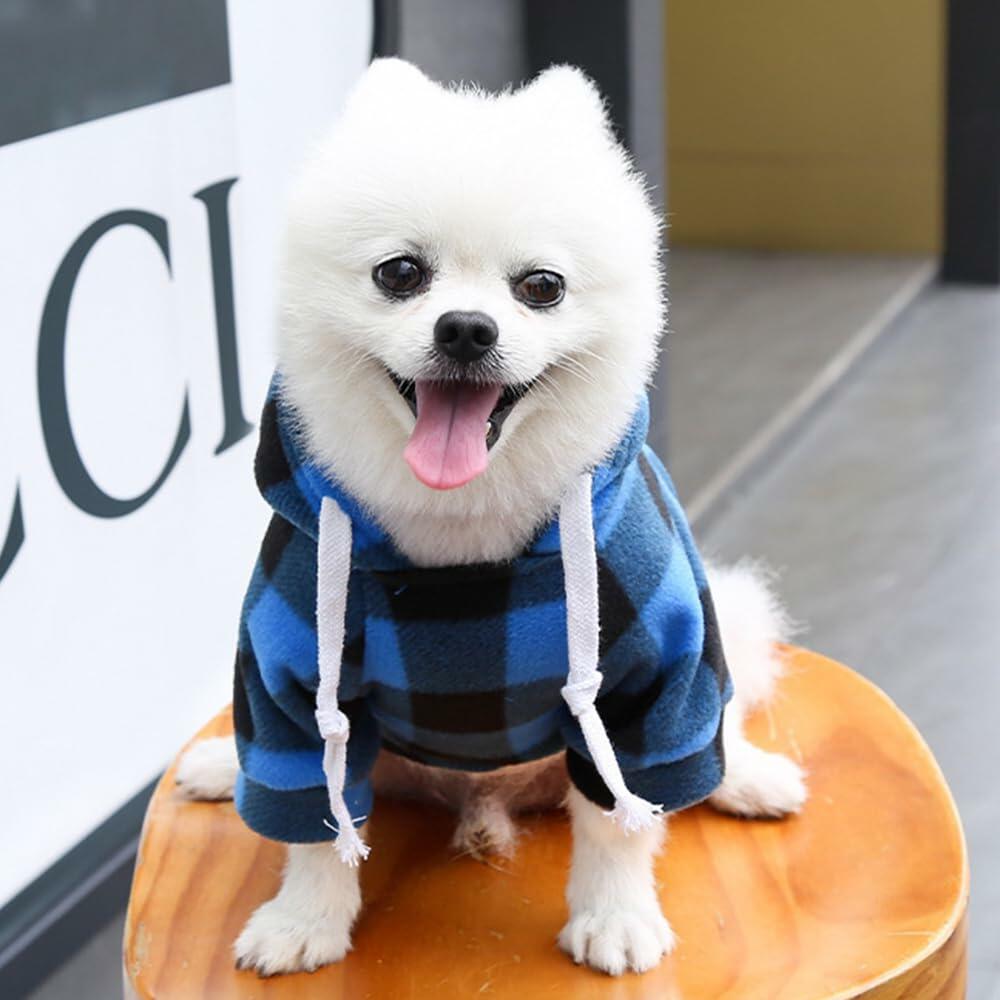 Plaid Dog Hoodie with Zipper Pocket Fleece Winter Clothes Blue Size 4XL