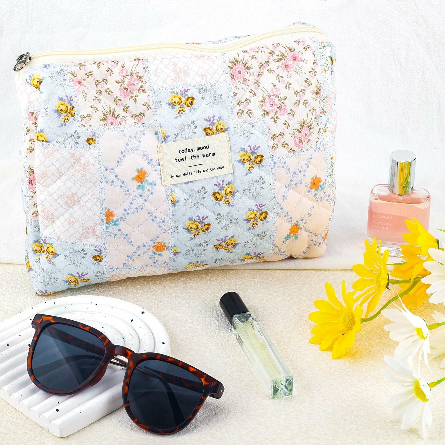URSKYTOUS Cotton Quilted Large Floral Makeup Bag Flower Portable