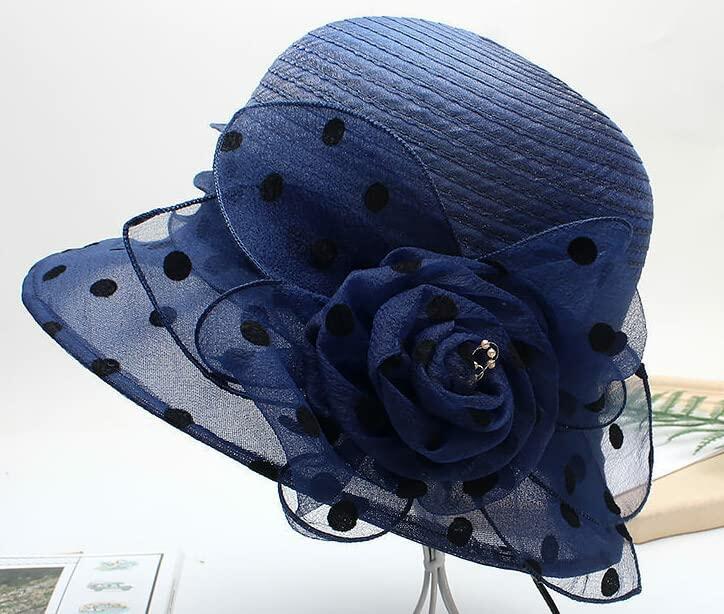 French Kentucky Women's Polka-Dot Organza-Brim Derby Hat Navy
