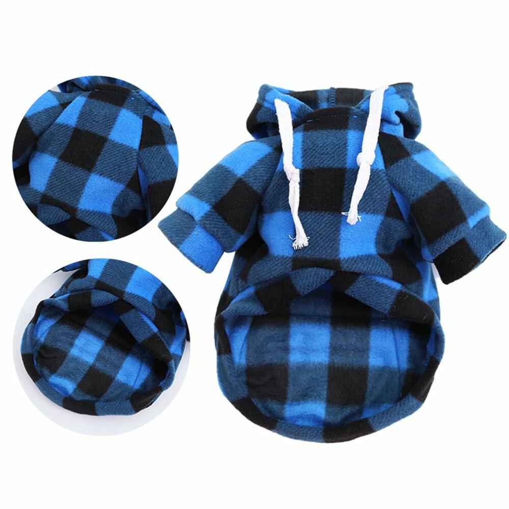 Plaid Dog Hoodie with Zipper Pocket Fleece Winter Clothes Blue Size 4XL