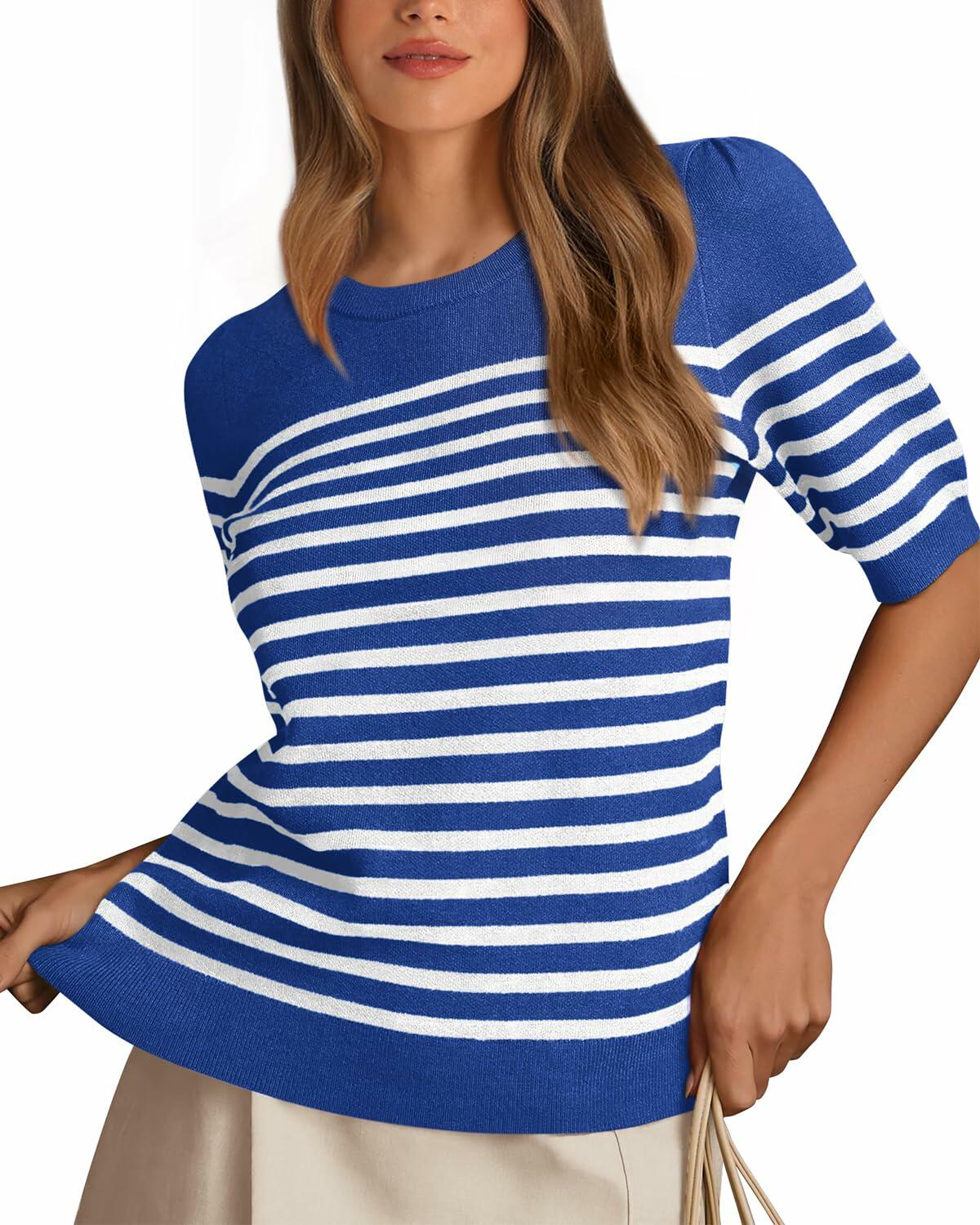 Amkoyam Women's Striped Ribbed Knit Pullover Sweater Top Dark Blue Size Small