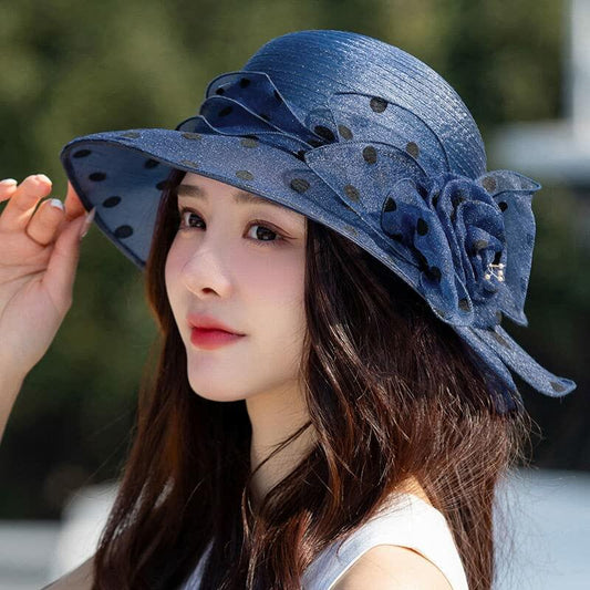 French Kentucky Women's Polka-Dot Organza-Brim Derby Hat Navy