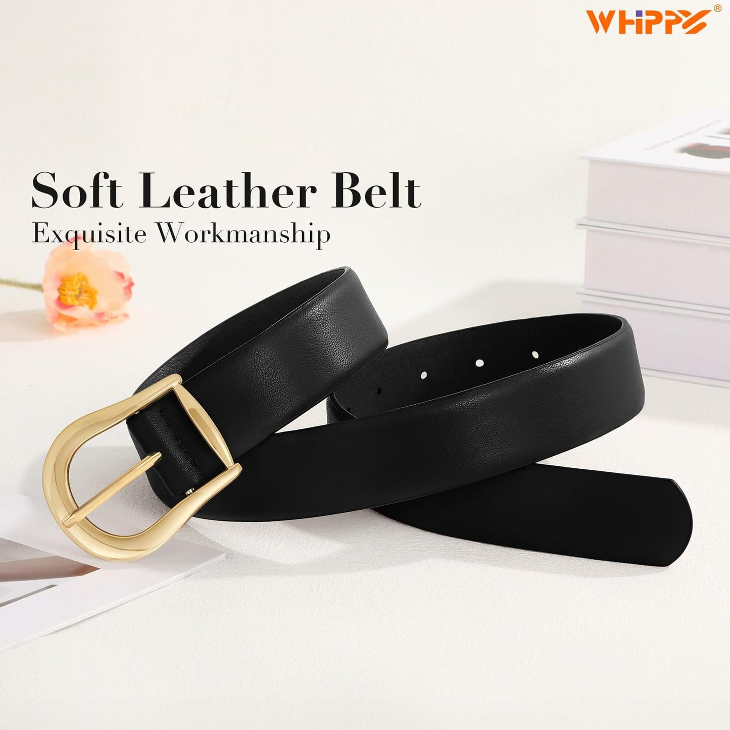 WHIPPY Women's Leather Waist Belt Gold Buckle Black Size XXL