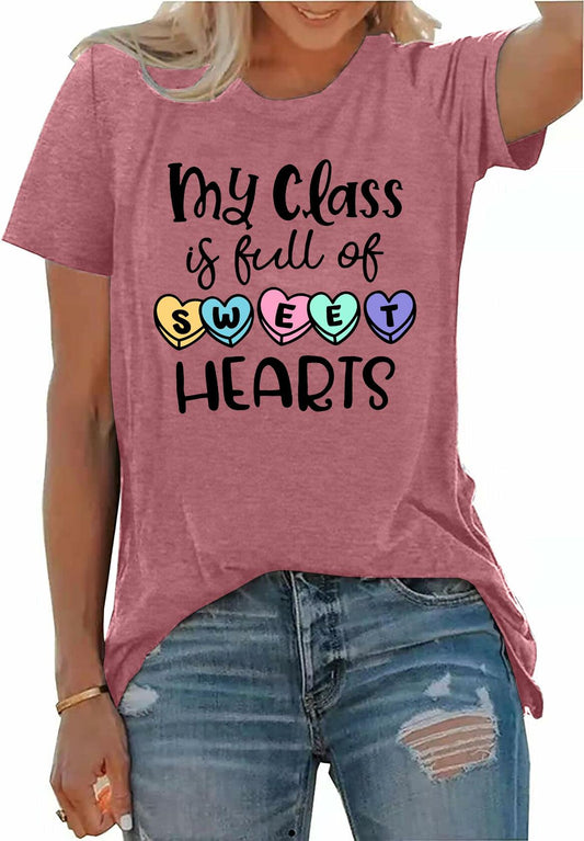 PECHAR Valentines Day Teacher Shirt Women Hearts Graphic