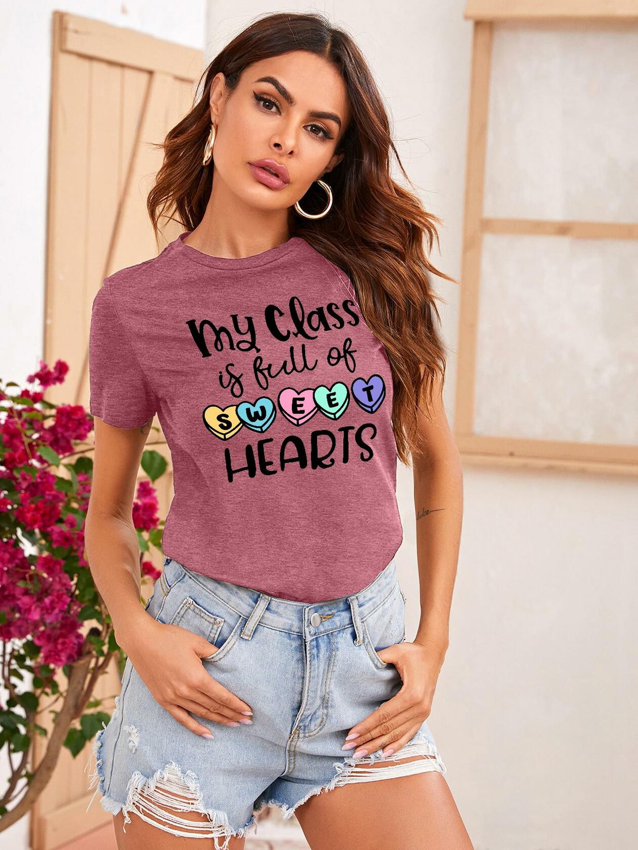 PECHAR Valentines Day Teacher Shirt Women Hearts Graphic