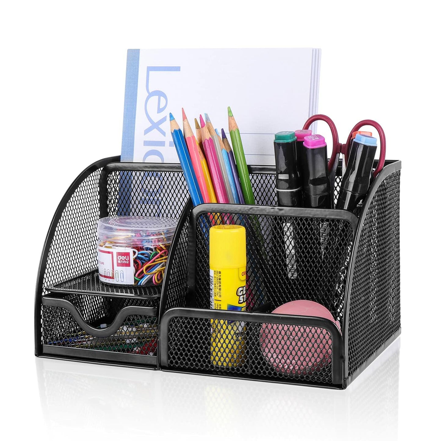 HOPECK Mesh Desk Organizer 6 Compartments 1 Drawer Black Multi-Functional