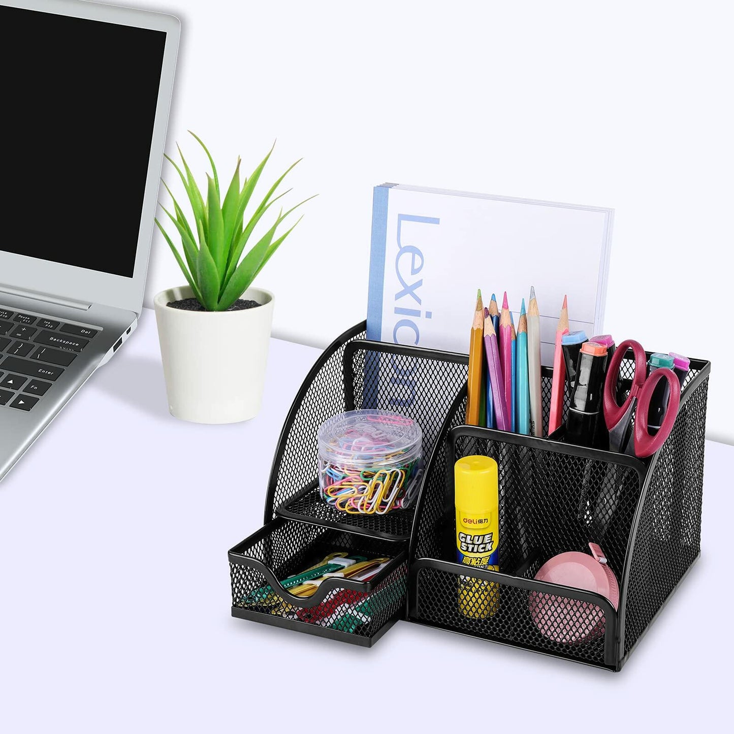 HOPECK Mesh Desk Organizer 6 Compartments 1 Drawer Black Multi-Functional