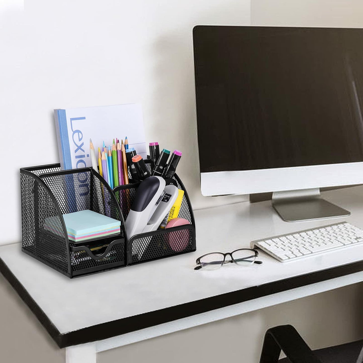 HOPECK Mesh Desk Organizer 6 Compartments 1 Drawer Black Multi-Functional