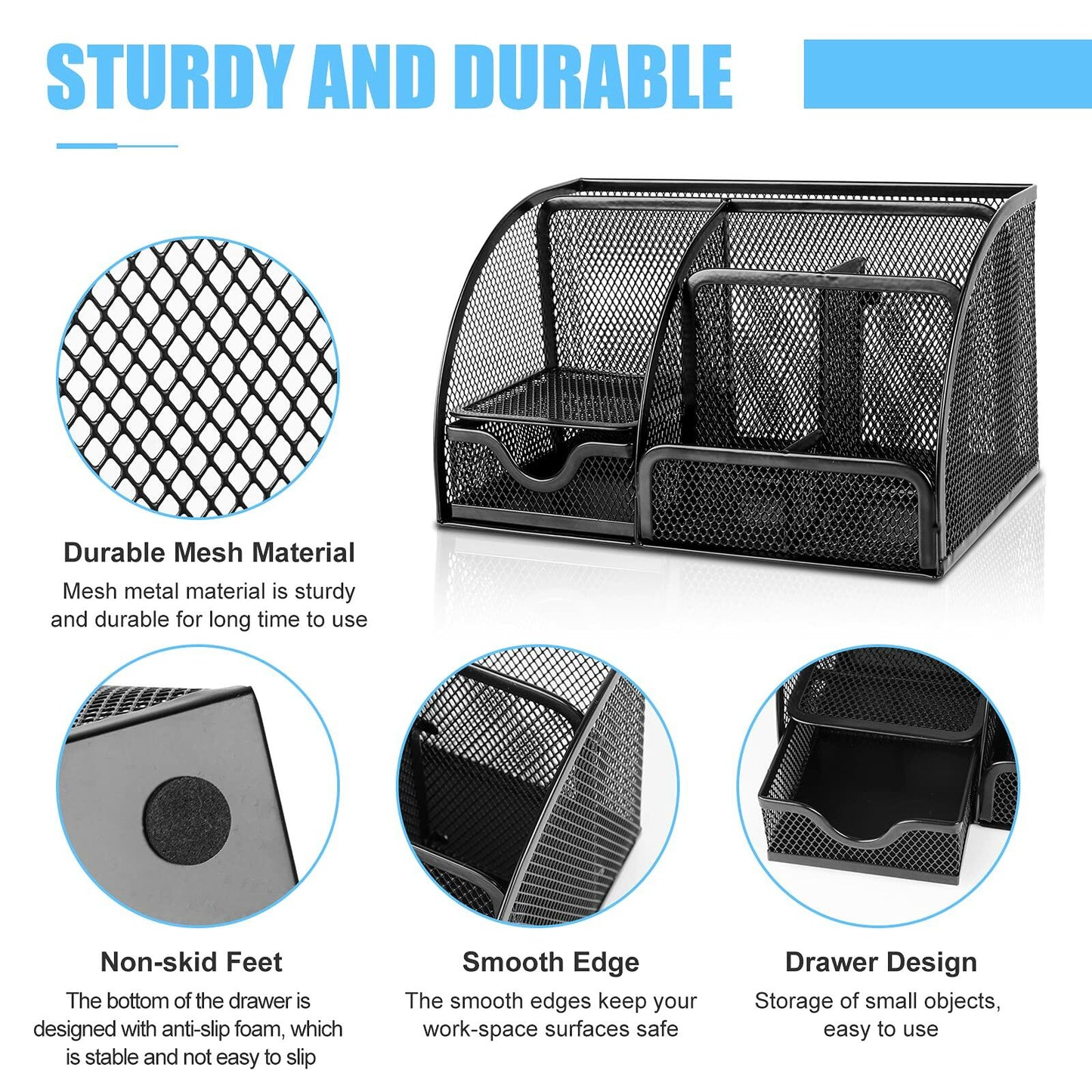 HOPECK Mesh Desk Organizer 6 Compartments 1 Drawer Black Multi-Functional