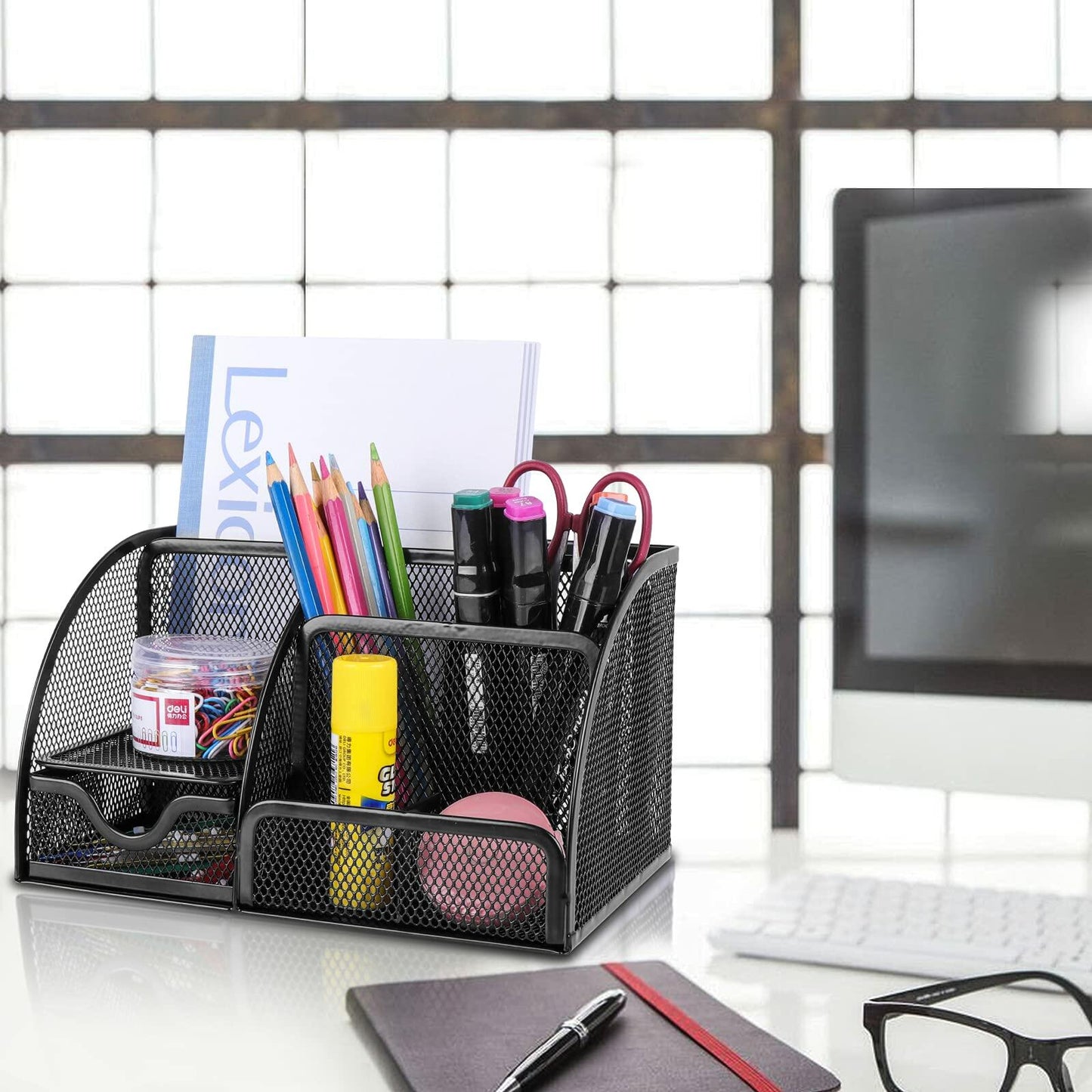 HOPECK Mesh Desk Organizer 6 Compartments 1 Drawer Black Multi-Functional