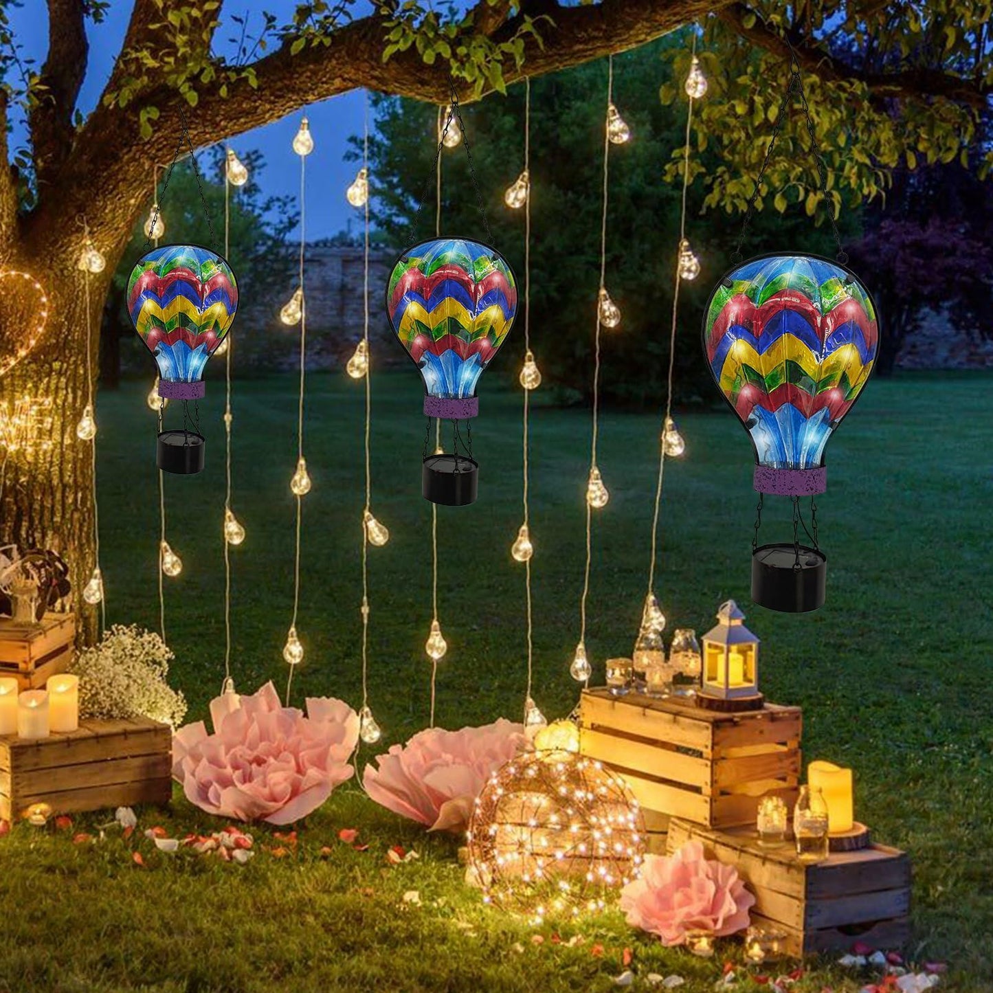 SUBOLO Hanging Solar Lantern Outdoor Waterproof Hot Air Balloon Decor