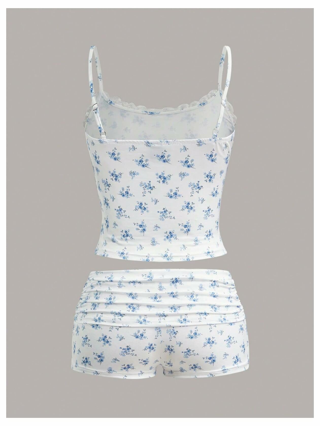 RoseSeek Women's Floral Print Ruched Lace Cami Crop Top & Shorts Set White Size