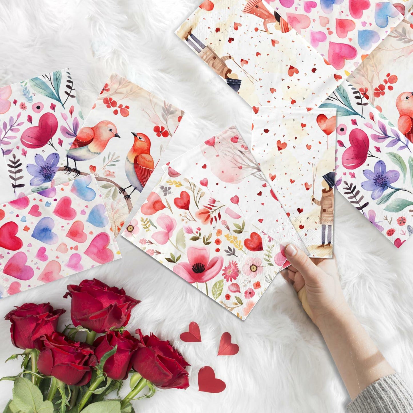 Valentine's Day Guest Napkins Watercolor Hearts Flowers 2 Ply Disposable