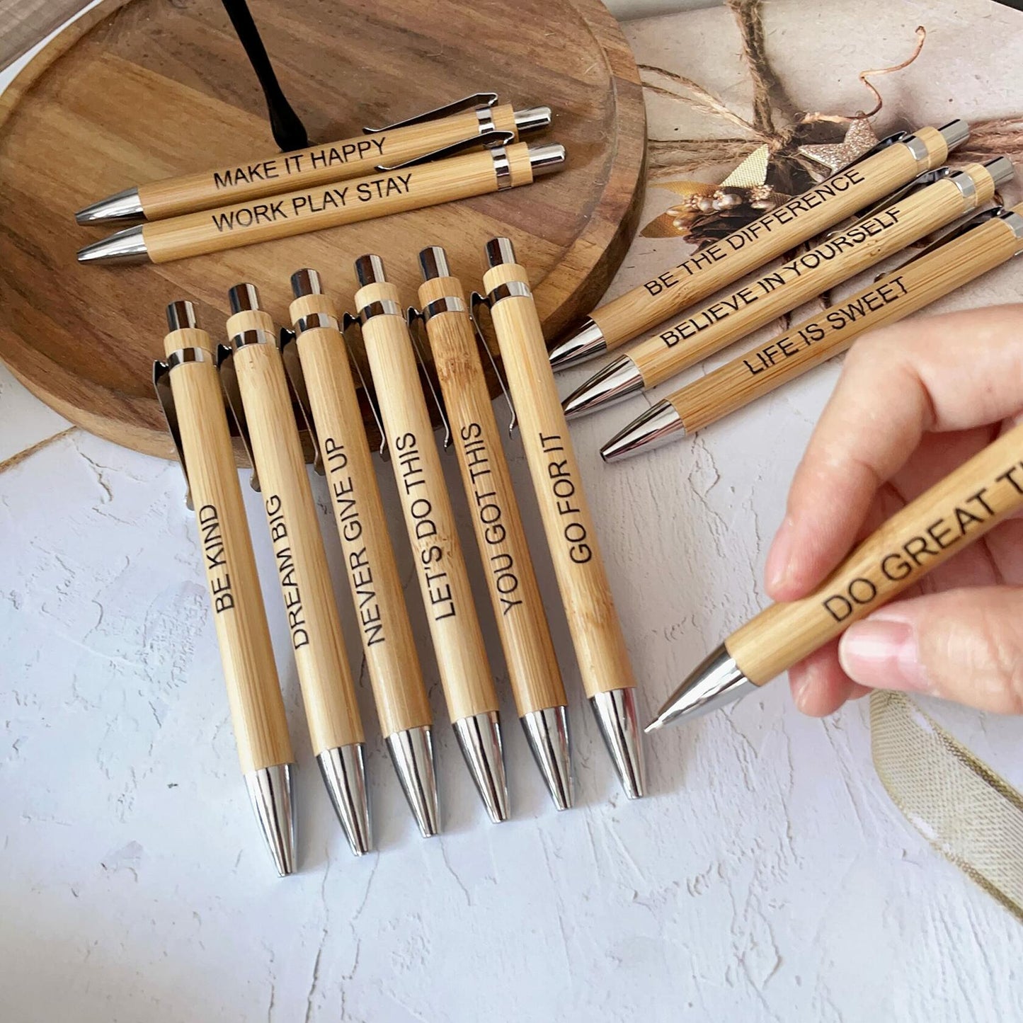Jxueych Bamboo Retractable Ballpoint Pens 12 Pack Black Ink 1mm Motivational