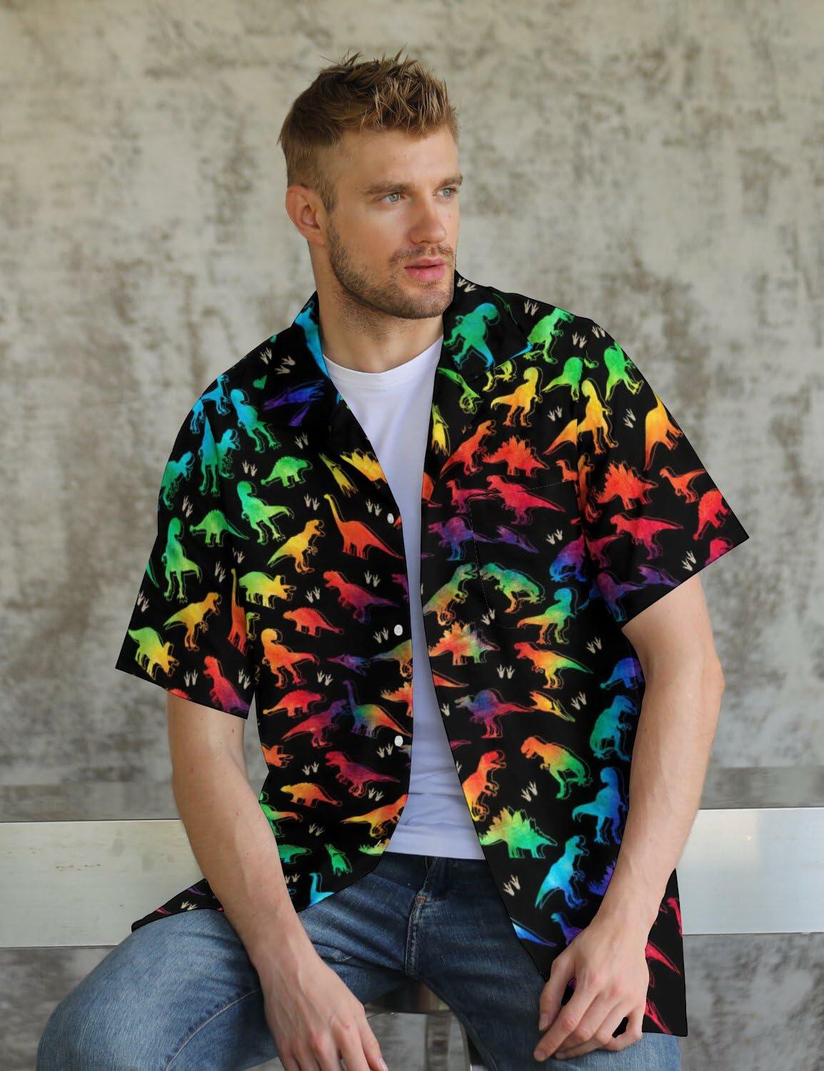 GADZILLE Mens Dinosaur Tie Dye Button Down Shirt Rainbow Size XXXL