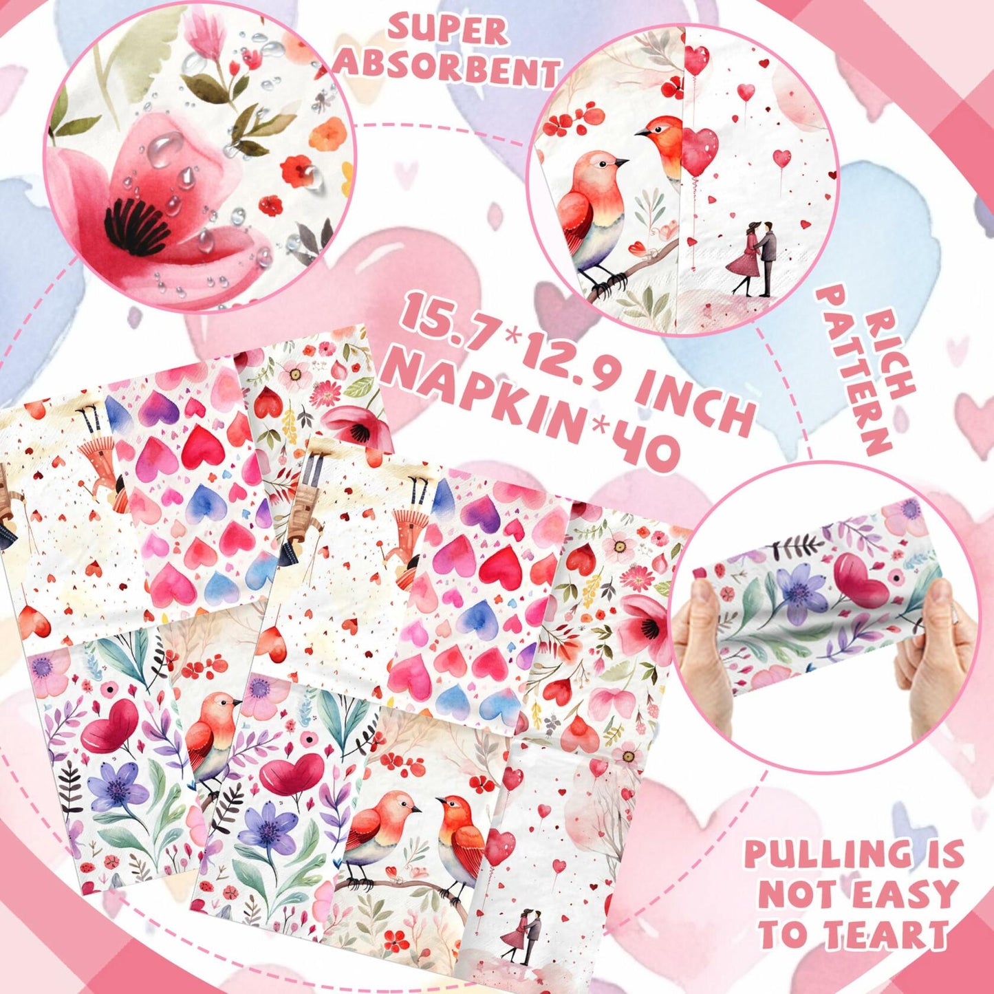 Valentine's Day Guest Napkins Watercolor Hearts Flowers 2 Ply Disposable