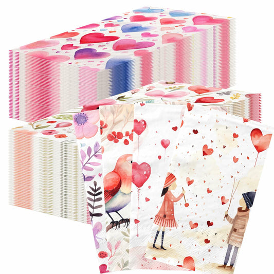 Valentine's Day Guest Napkins Watercolor Hearts Flowers 2 Ply Disposable