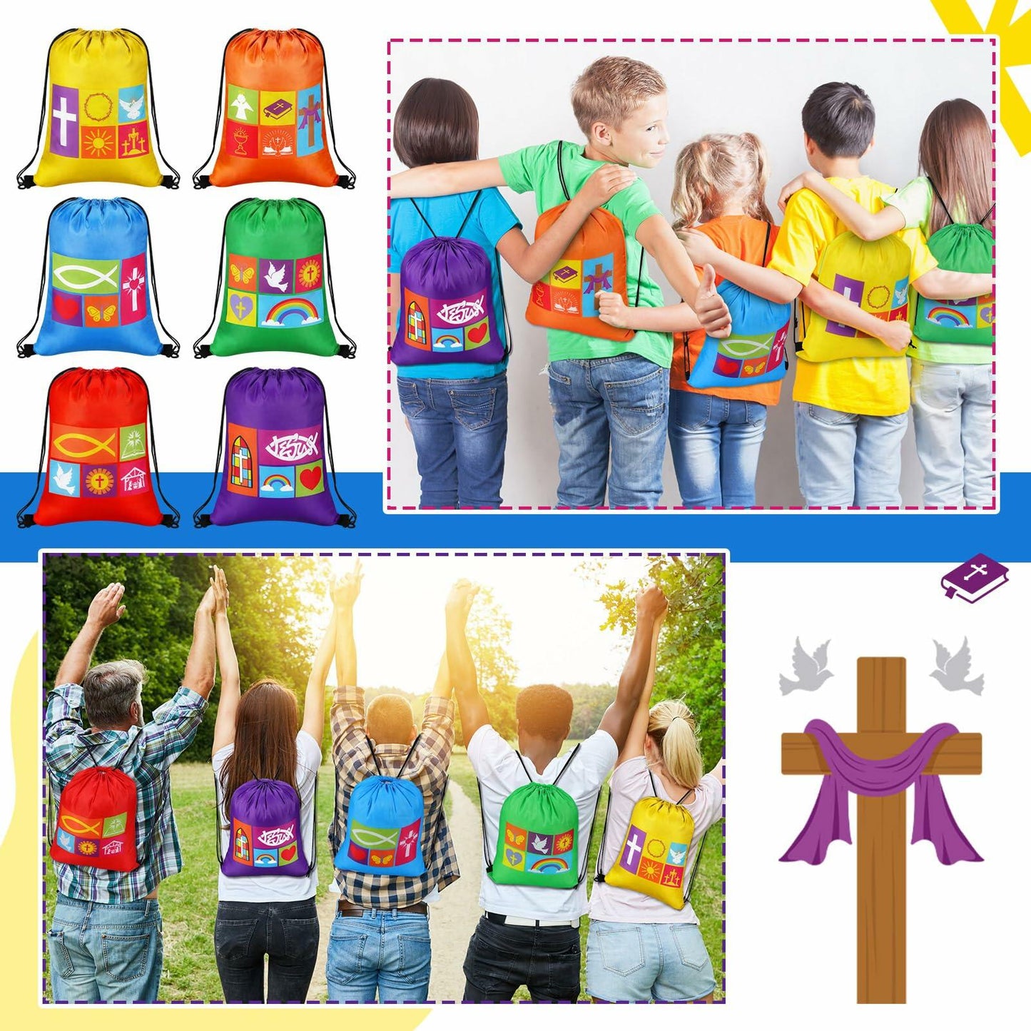 Kacctyen Christian Drawstring Bags 18 Pcs Polyester Multi-color Bulk Gift