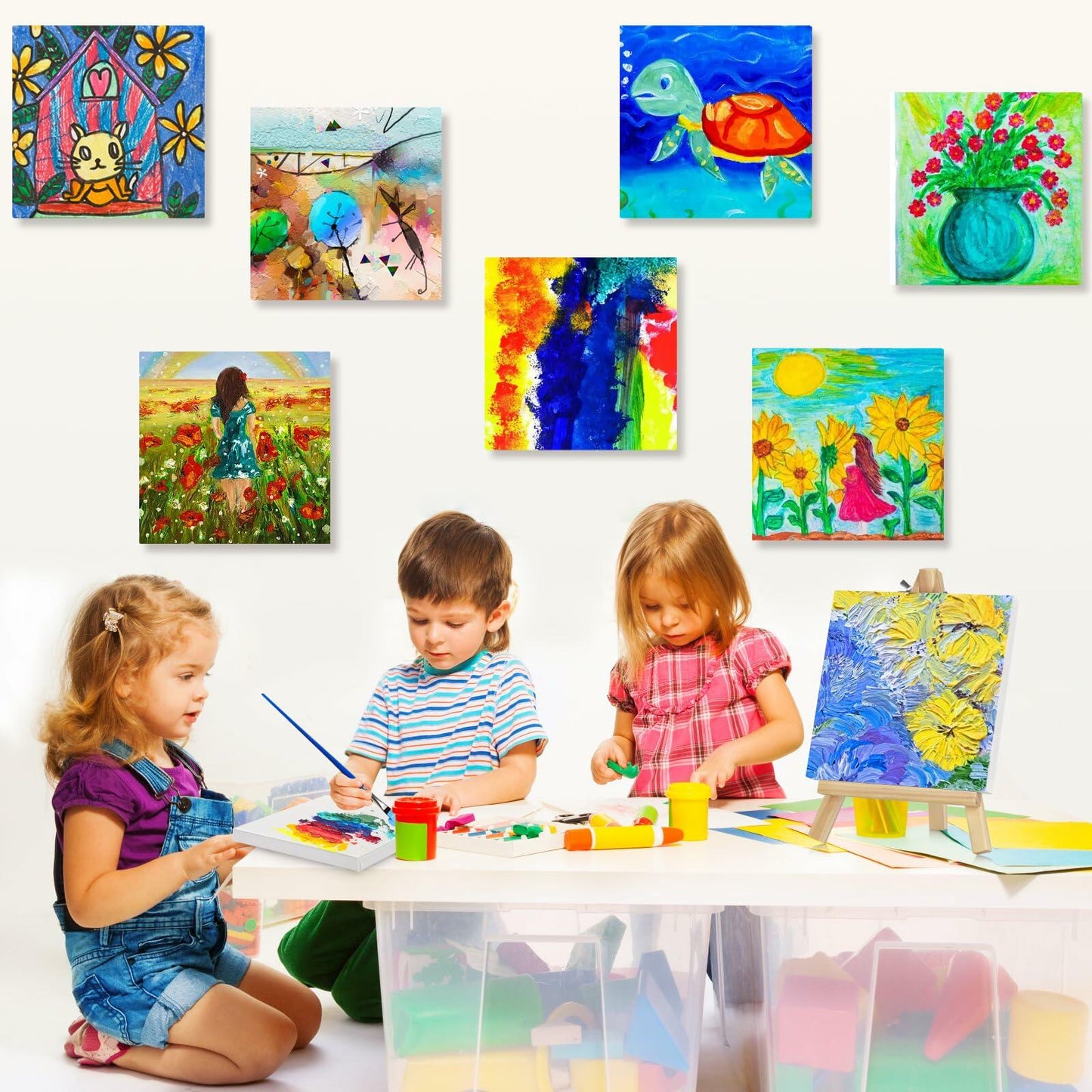 12PCS Mini Canvas and Easel Set 3x3in Cotton Small Square Canvases Art