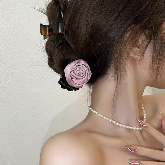 Boxkat Satin Rose Flower Jaw Clips 3 Pc Pink Red Black Hair Accessories