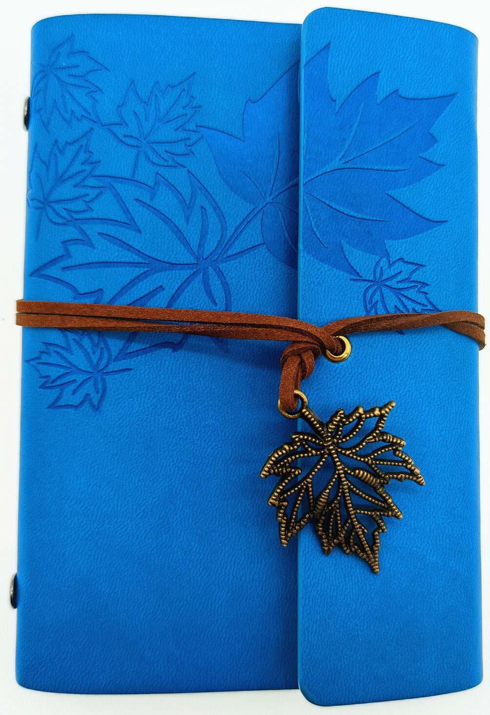Maple Leaf Pendant Leather Bound Refillable Journal Notebook Sky Blue A7 5inch