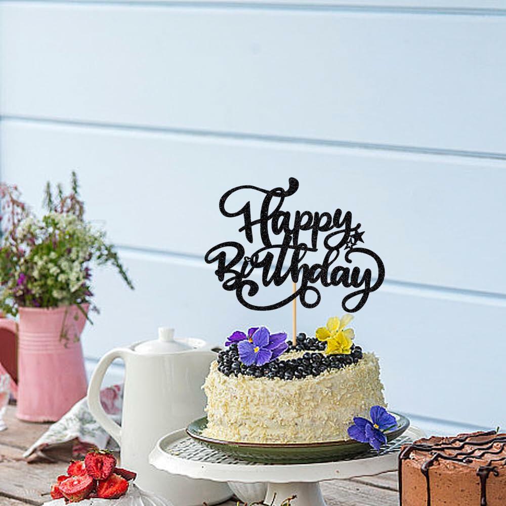 Crseniny Happy Birthday Cake Topper Black Glitter Party Decoration