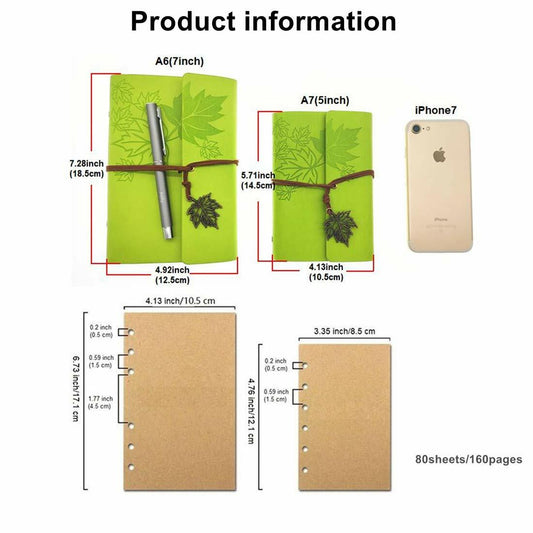 Maple Leaf Pendant Leather Bound Refillable Journal Notebook Sky Blue A7 5inch