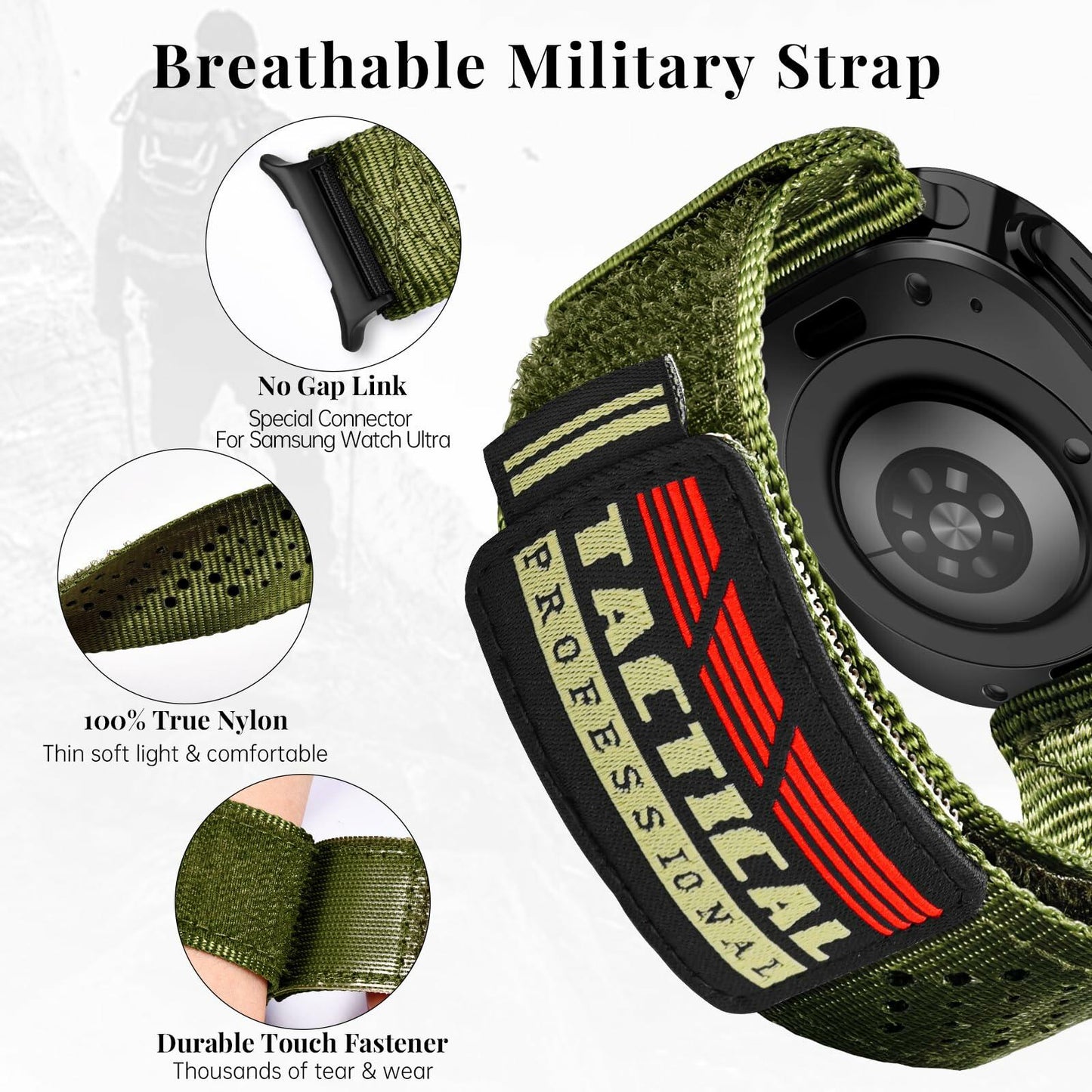 V-MORO Nylon Loop Sport Strap Adjustable Clasp Black for Galaxy Watch Ultra 47mm