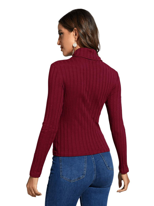 Women's Long Sleeve Turtleneck Cut Out Front Ribbed Knit Tee Shirt Burgundy S