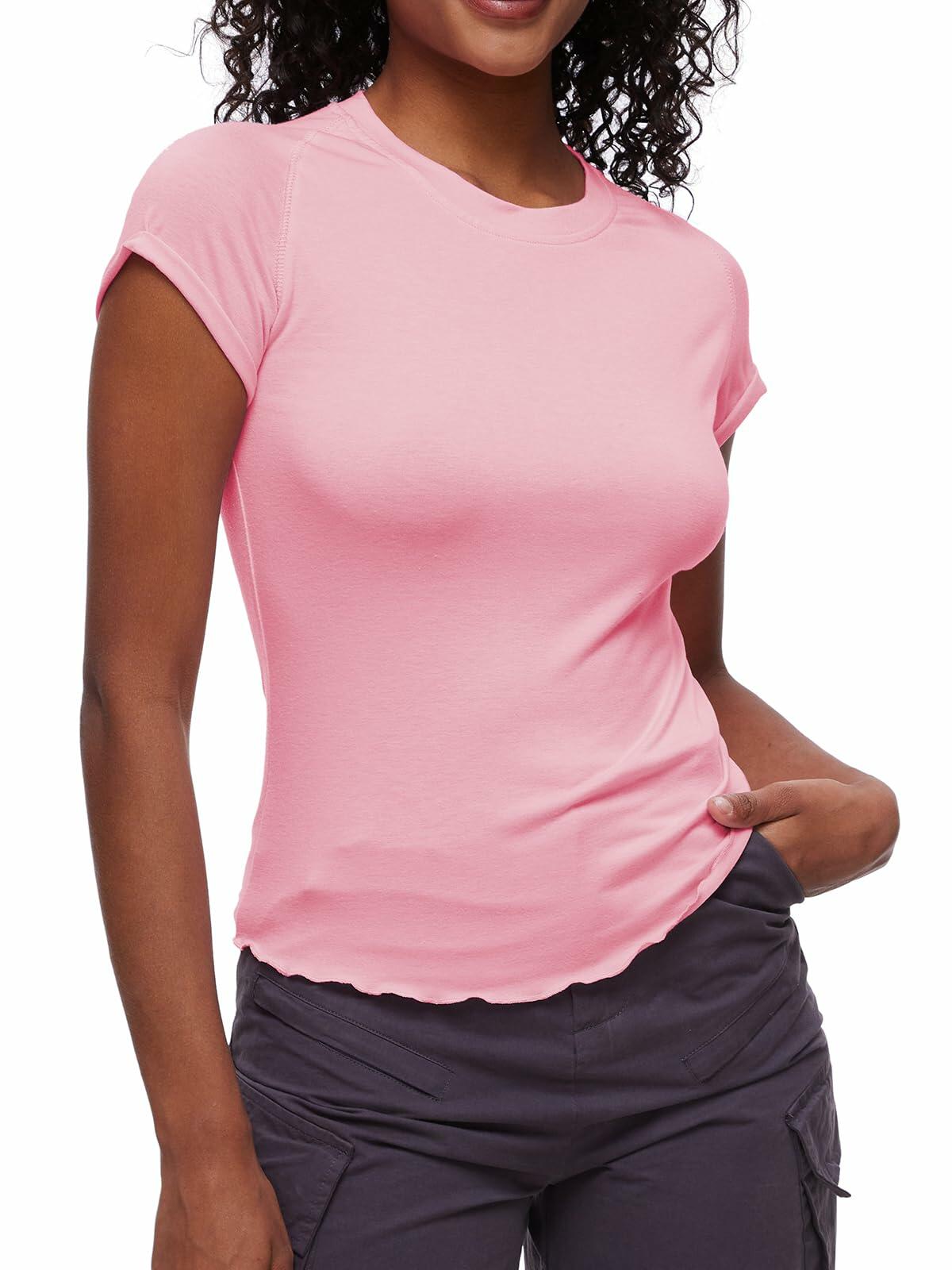 Womens Tops Short Sleeve T Shirts Round Neck Summer Fashion Clothes Y2K Pink L