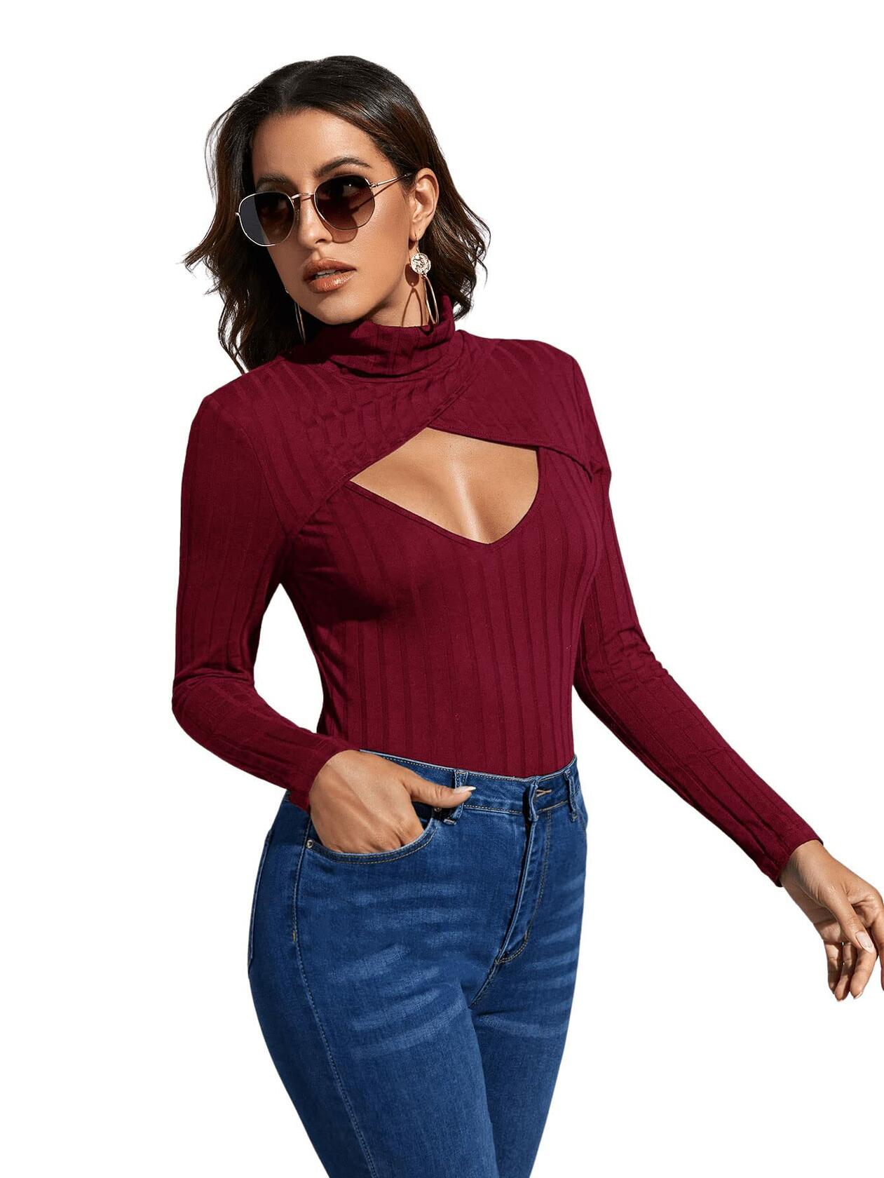 Women's Long Sleeve Turtleneck Cut Out Front Ribbed Knit Tee Shirt Burgundy S