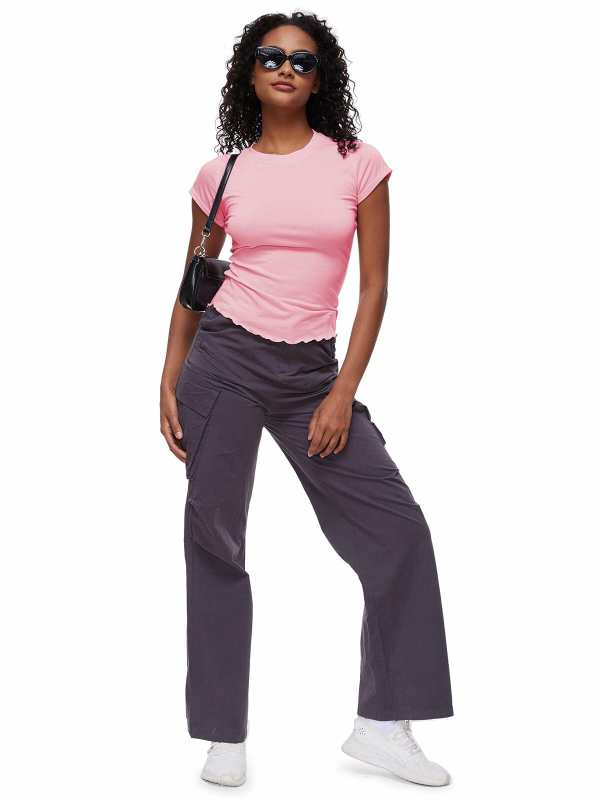 Womens Tops Short Sleeve T Shirts Round Neck Summer Fashion Clothes Y2K Pink L