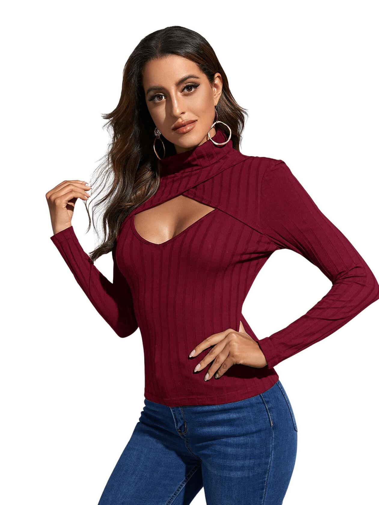 Women's Long Sleeve Turtleneck Cut Out Front Ribbed Knit Tee Shirt Burgundy S