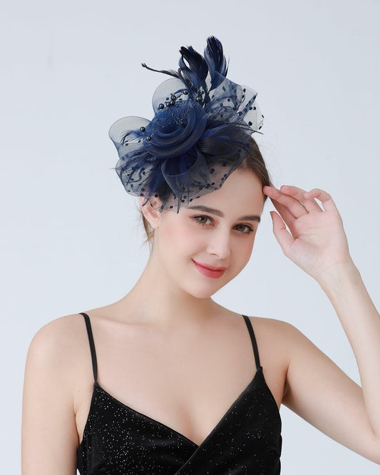 SHUERIET Women Feather Veil Floral Headband Hat Navy