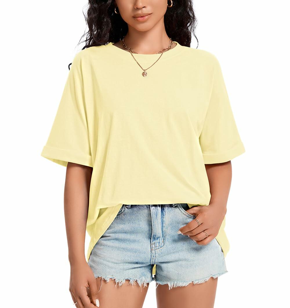 Womens Oversized Crewneck T Shirt Short Sleeve Casual Top Cream01 Size M
