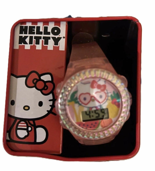 Sanrio Hello Kitty Kids LCD Watch Pink Glitter Strap Iridescent Bezel