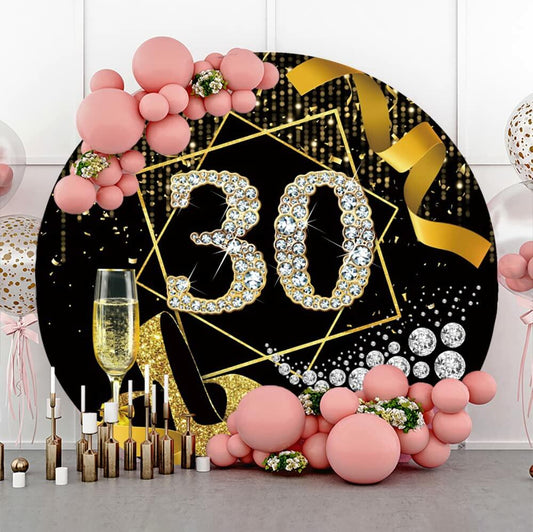 Baocicco 7.5ft 30th Birthday Round Backdrop Black Gold Glitter Ribbon
