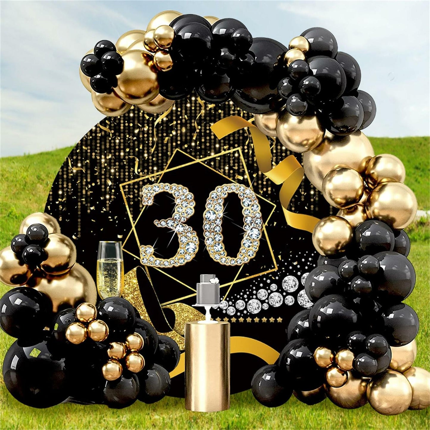 Baocicco 7.5ft 30th Birthday Round Backdrop Black Gold Glitter Ribbon